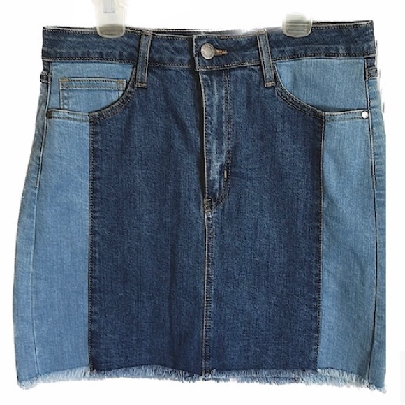 🍓Just Black two tone panel denim stretchy raw edge skirt Large - Picture 1 of 9